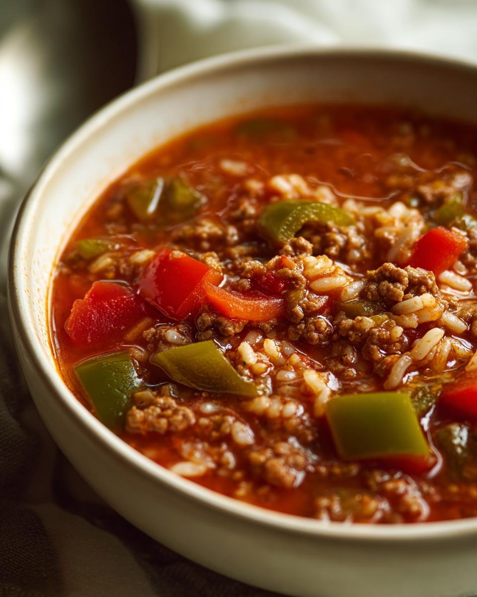 Nahaufnahme einer reichhaltigen Stuffed Pepper Soup mit Hackfleisch, Reis und St&uuml;cken von roten und gr&uuml;nen Paprika.