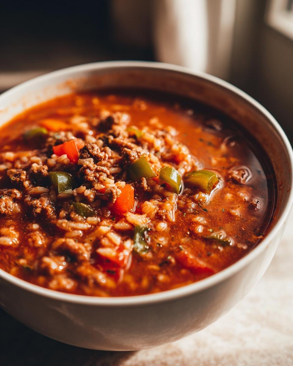 Nahaufnahme einer Sch&uuml;ssel mit aromatischer Stuffed Pepper Soup mit Hackfleisch, Reis und Paprikast&uuml;cken.