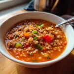Eine wei&szlig;e Sch&uuml;ssel mit reichhaltiger Stuffed Pepper Soup, gef&uuml;llt mit Hackfleisch, Reis und bunten Paprikast&uuml;cken.