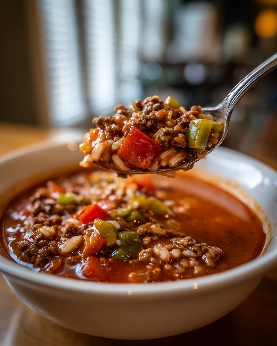 Nahaufnahme einer L&ouml;ffelspitze gef&uuml;llt mit Stuffed Pepper Soup, die Hackfleisch, Reis und Paprikast&uuml;cke zeigt.