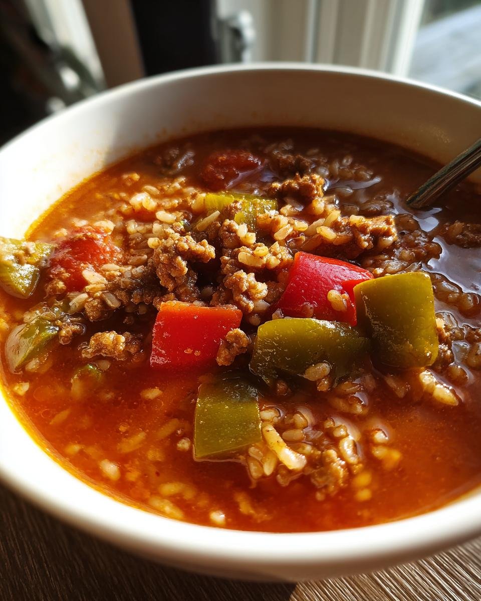 Nahaufnahme einer Sch&uuml;ssel mit herzhafter Stuffed Pepper Soup, gef&uuml;llt mit Hackfleisch, Reis und Paprikast&uuml;cken.