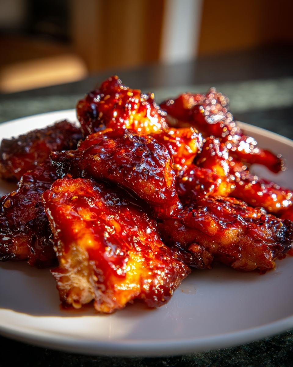 Nahaufnahme von saftigen H&auml;hnchenteilen, glasiert mit einer unwiderstehlichen s&uuml;&szlig;-scharfen Chili-Marinade.