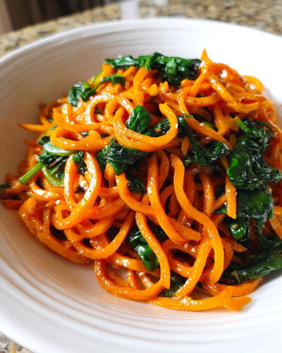 Nahaufnahme von leuchtend orangefarbenen S&uuml;&szlig;kartoffel-Nudeln mit dunklem Spinat in einer wei&szlig;en Sch&uuml;ssel.