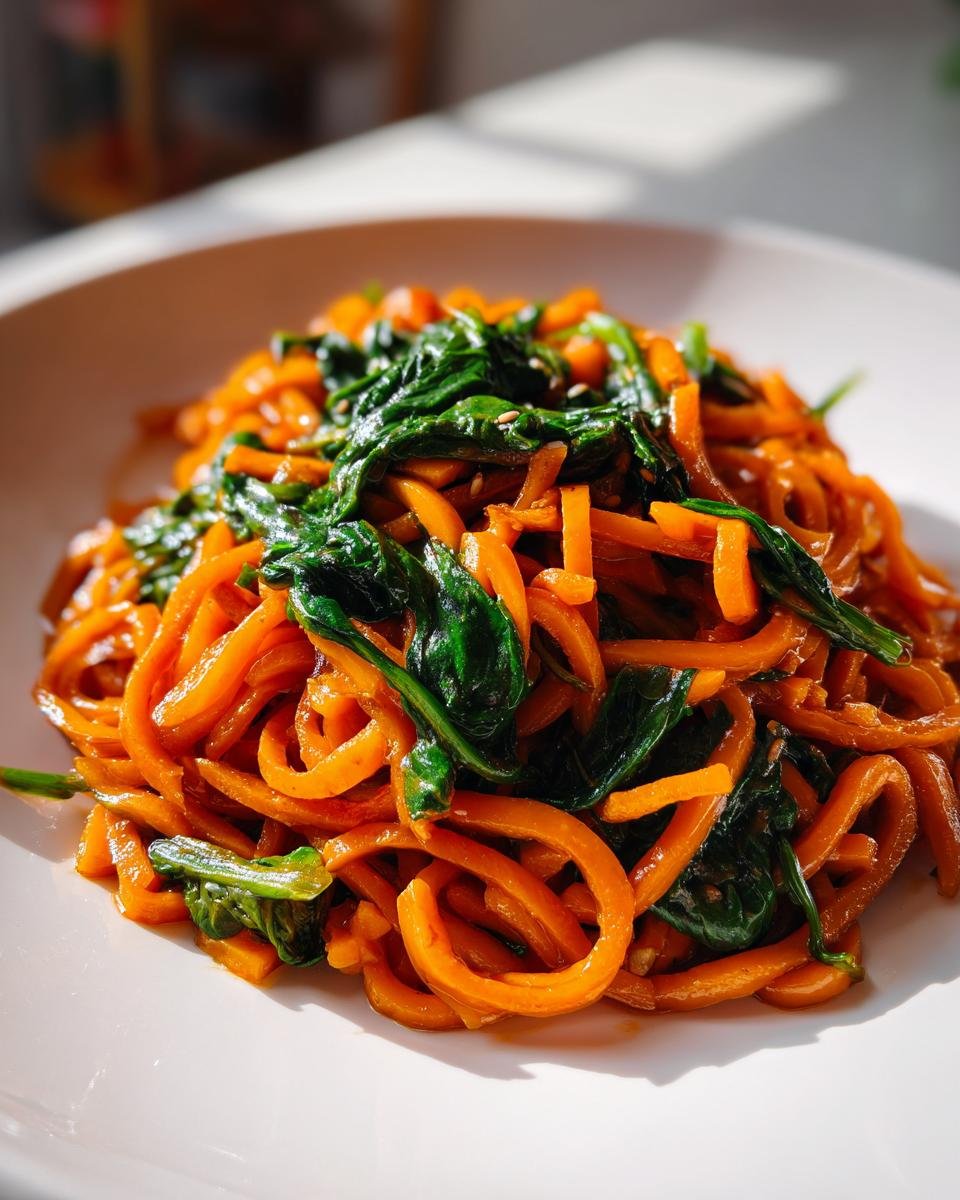 Nahaufnahme von leuchtend orangefarbenen S&uuml;&szlig;kartoffel-Nudeln mit Spinat auf einem wei&szlig;en Teller.