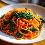 Nahaufnahme von leuchtend orangefarbenen S&uuml;&szlig;kartoffel-Nudeln mit Spinat auf einem wei&szlig;en Teller.