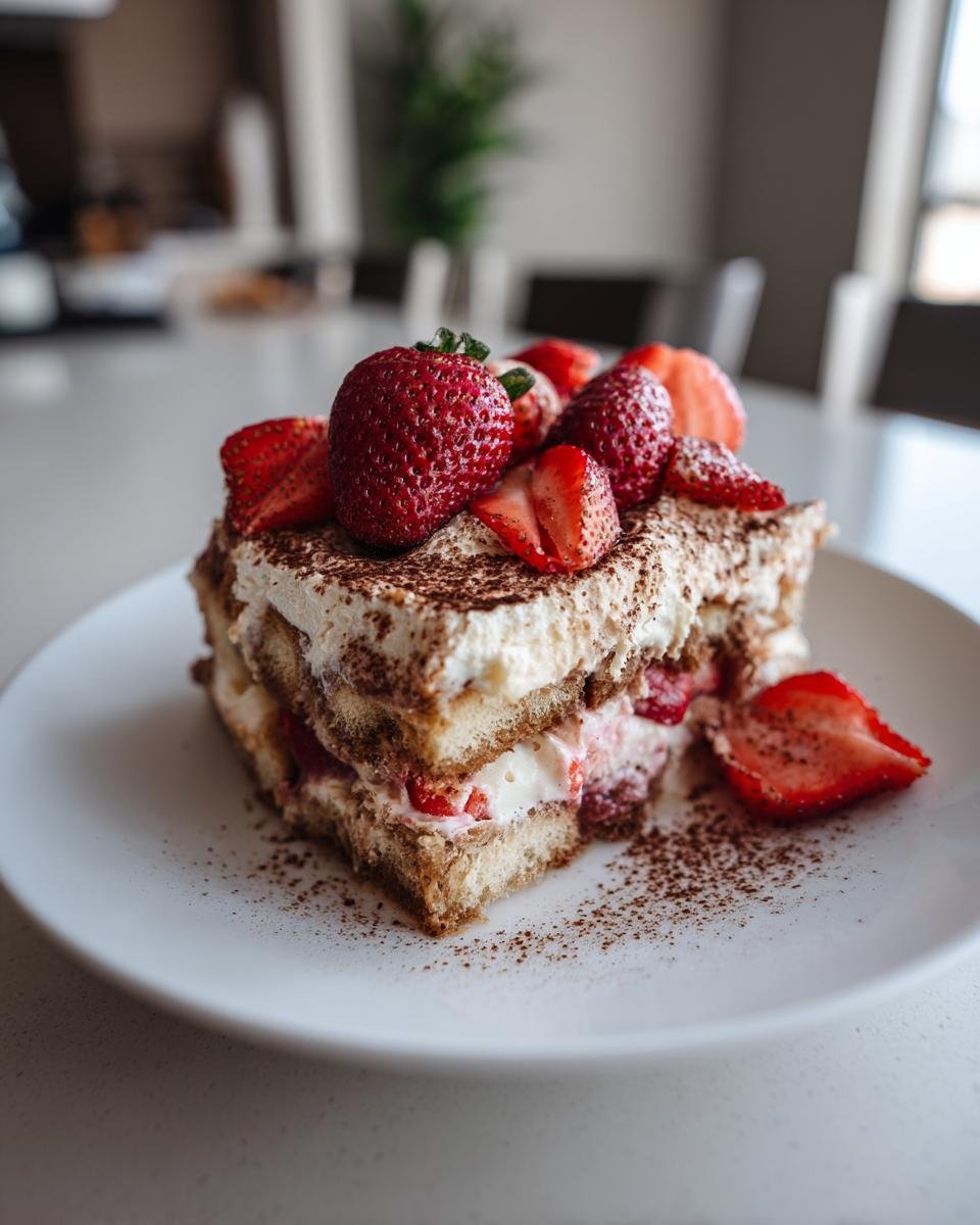Ein St&uuml;ck Summer Berry Tiramisu mit frischen Erdbeeren und Kakaopulver bestreut auf einem wei&szlig;en Teller.