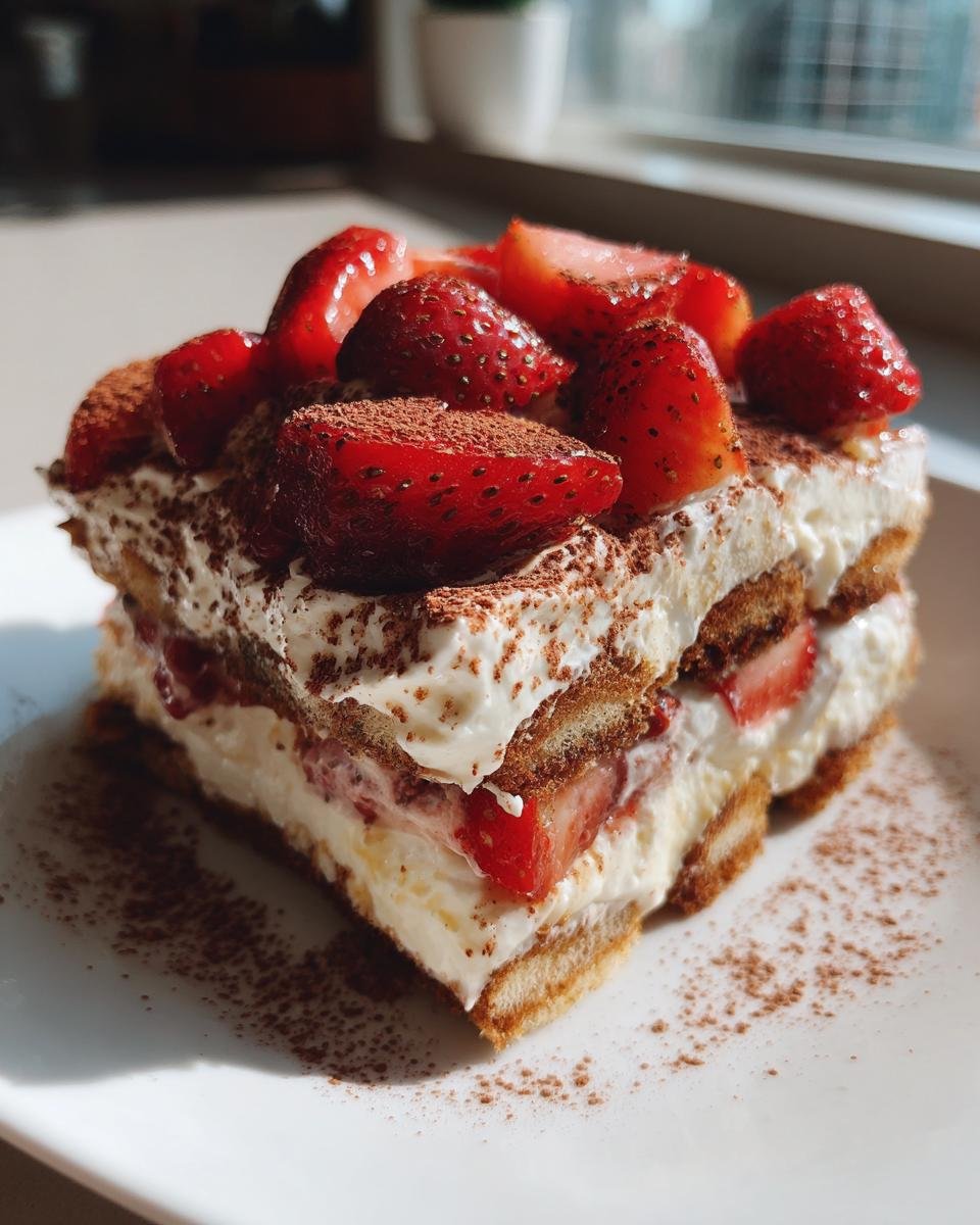 Ein St&uuml;ck Summer Berry Tiramisu mit frischen Erdbeeren und Kakaopulver bestreut.
