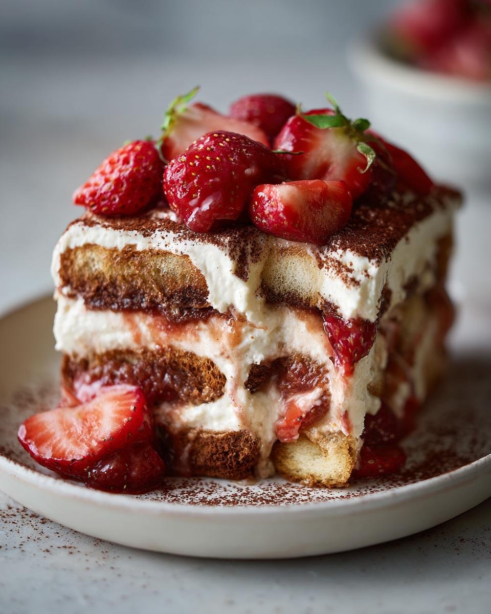 Ein St&uuml;ck Summer Berry Tiramisu mit frischen Erdbeeren und Kakaopulver bestreut.
