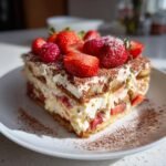 Ein St&uuml;ck Summer Berry Tiramisu mit Erdbeeren, dekoriert mit frischen Beeren und Kakaopulver.