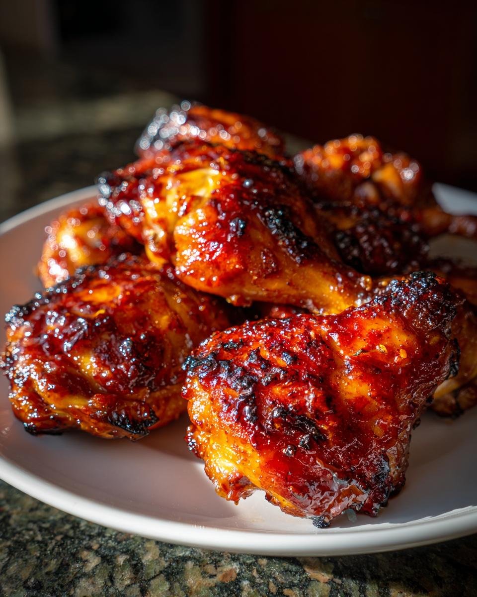 Nahaufnahme von saftigen H&auml;hnchenschenkeln, glasiert mit einer unwiderstehlichen Sweet Chili Marinade.