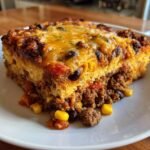 Ein gro&szlig;es, saftiges St&uuml;ck Taco Casserole mit geschmolzenem K&auml;se, Bohnen und Hackfleisch auf einem wei&szlig;en Teller.