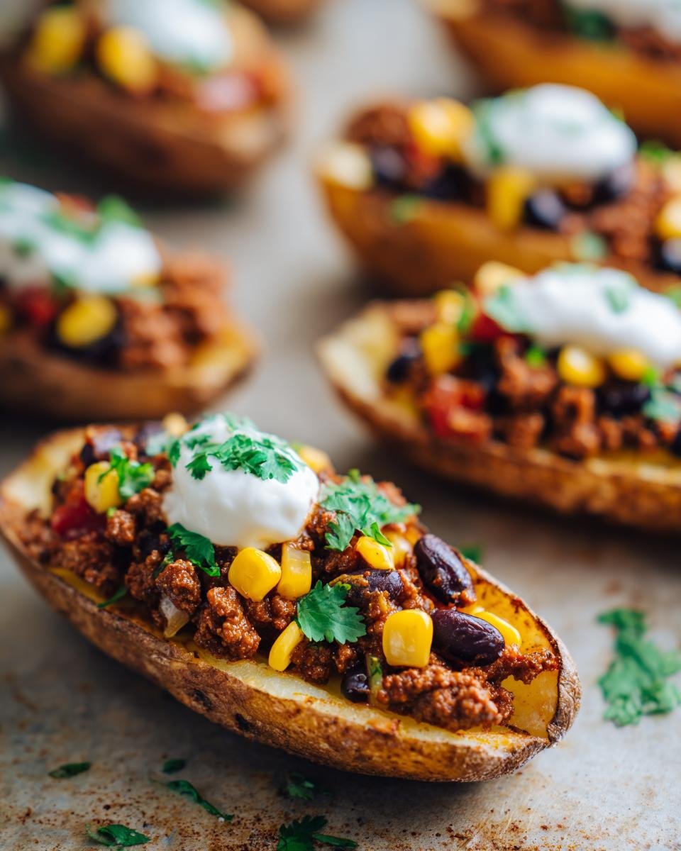 Gefüllte Kartoffelhälften mit Hackfleisch, Mais, Bohnen und Sauerrahm - Taco Kartoffeln Fiesta Rezept.