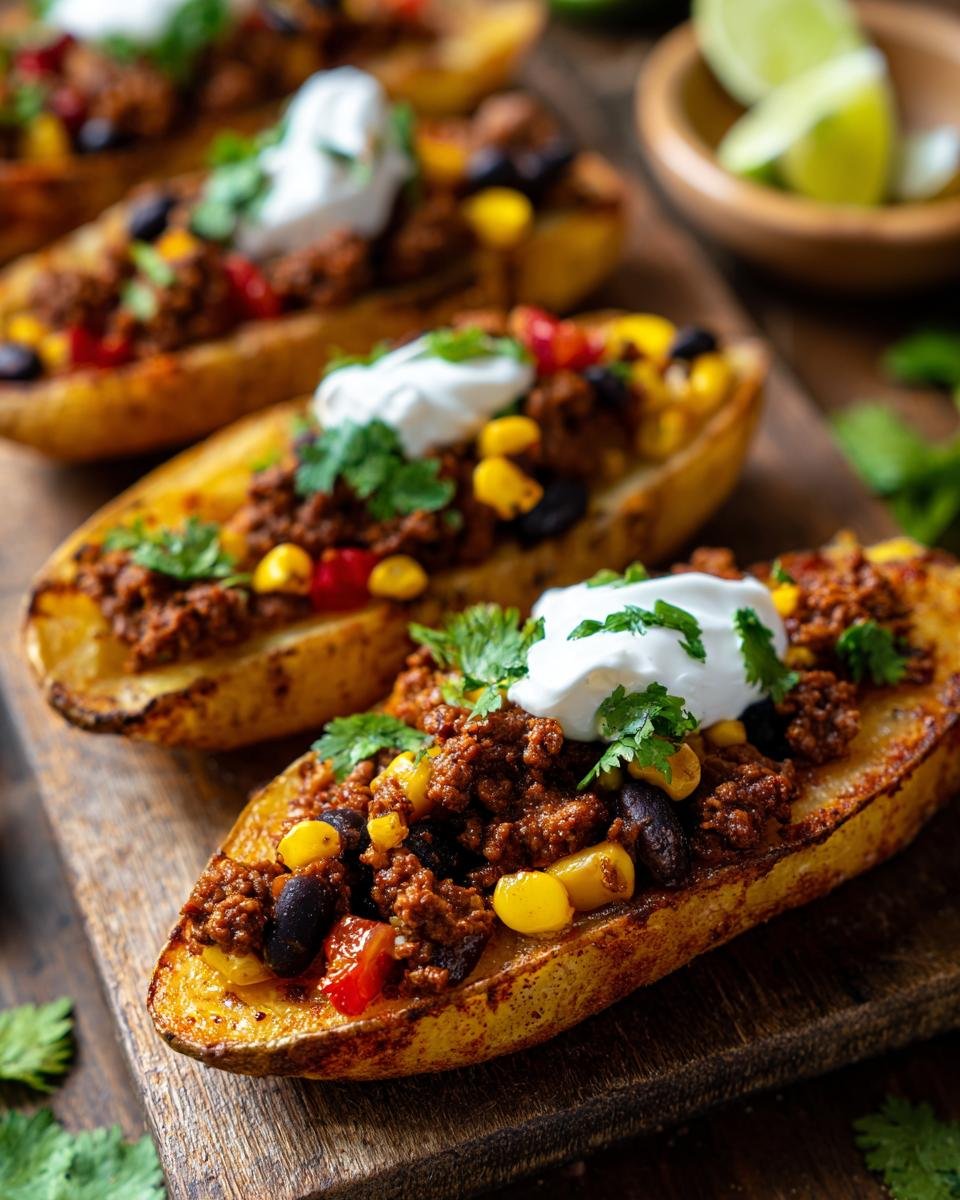 Taco Kartoffeln Fiesta: Gefüllte Kartoffelhälften mit Hackfleisch, Mais, schwarzen Bohnen und Sauerrahm.
