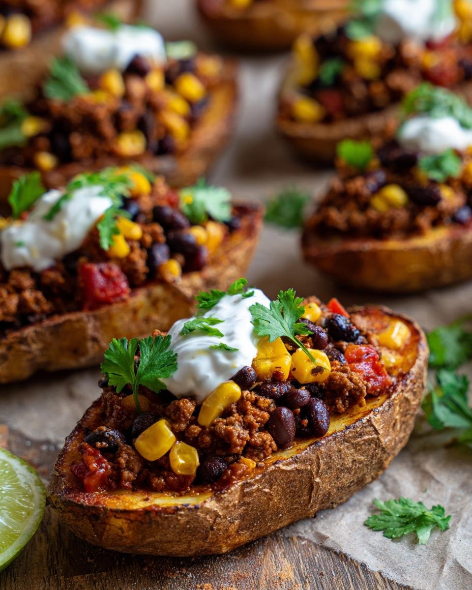 Nahaufnahme von Taco Kartoffeln Fiesta, gefüllt mit Hackfleisch, schwarzen Bohnen, Mais und einem Klecks Sauerrahm.