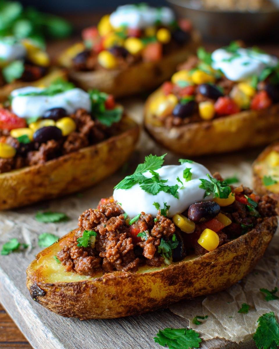 Nahaufnahme von Taco Kartoffeln Fiesta, gefüllte Kartoffelhälften mit Hackfleisch, Mais, Bohnen und Sauerrahm.