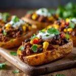 Nahaufnahme von Taco Kartoffeln Fiesta, gef&uuml;llt mit Hackfleisch, Bohnen, Mais und garniert mit Sauerrahm und Koriander.