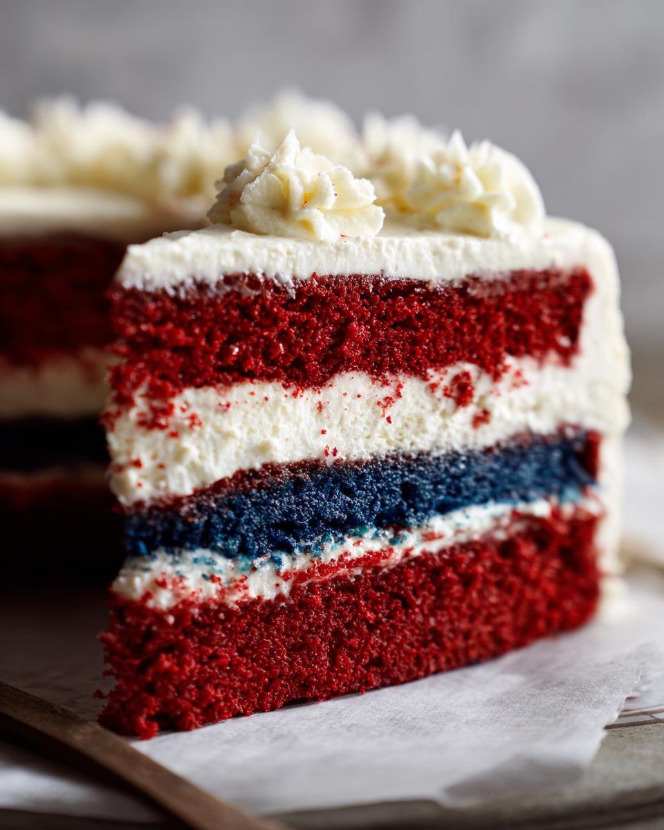 Ein St&uuml;ck des klassischen Throwback Fourth Of July Cake Rezepts mit roten, wei&szlig;en und blauen Schichten und wei&szlig;er Glasur.
