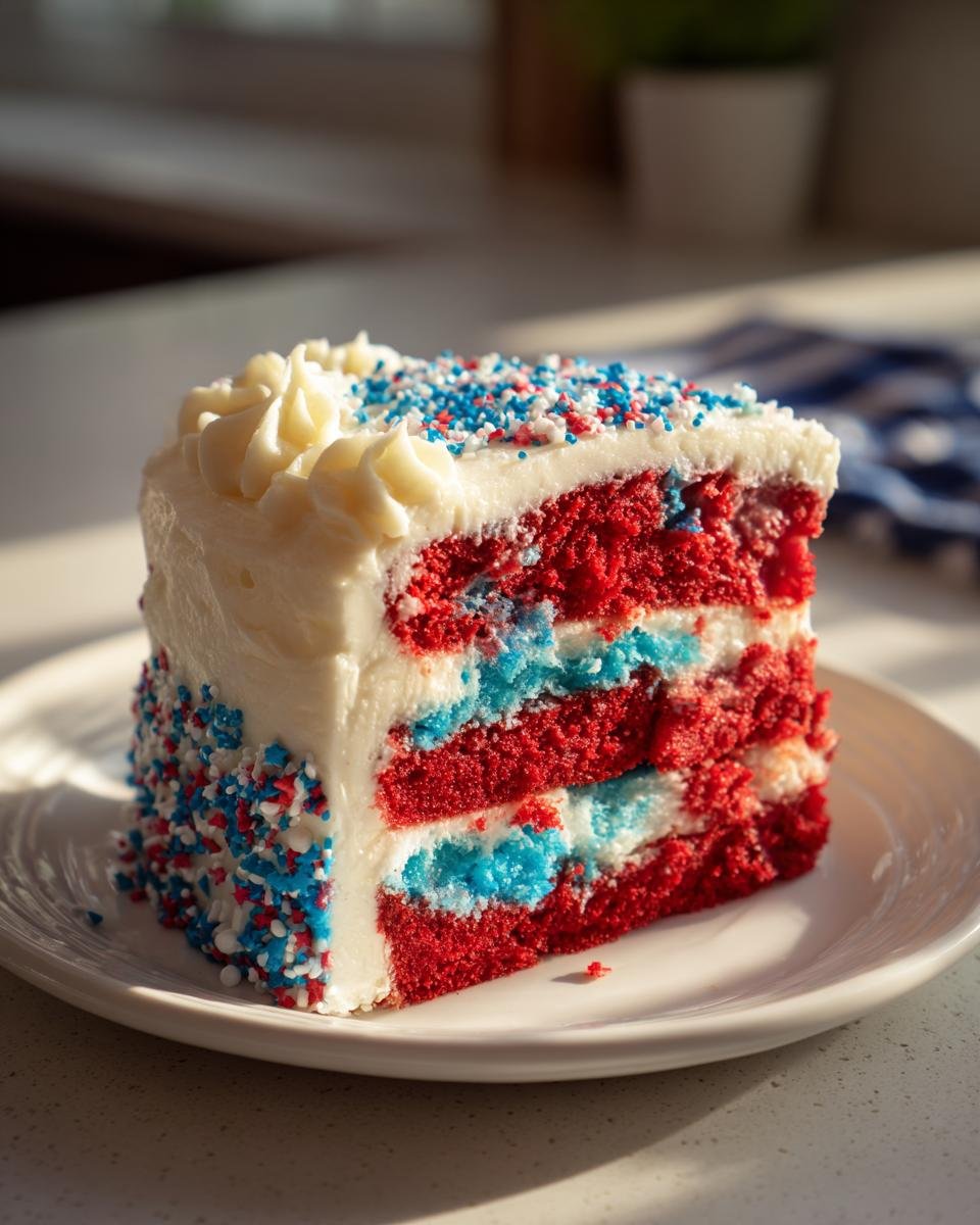 Ein St&uuml;ck klassischer Throwback Fourth Of July Cake mit roten und blauen Schichten, wei&szlig;er Glasur und Streuseln.