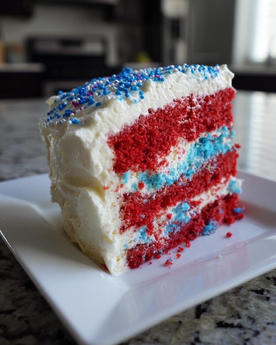 Ein St&uuml;ck klassischer Throwback Fourth Of July Cake mit roten, wei&szlig;en und blauen Schichten und wei&szlig;er Glasur.