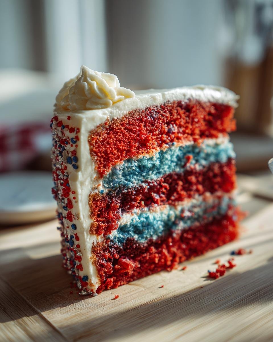 Ein St&uuml;ck klassischer Throwback Fourth Of July Cake mit roten und blauen Schichten, wei&szlig;er Glasur und Streuseln.
