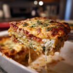 Ein Anschnitt vom Tomaten-Spinat-Ravioli-Auflauf mit geschmolzenem K&auml;se und Kr&auml;utern.