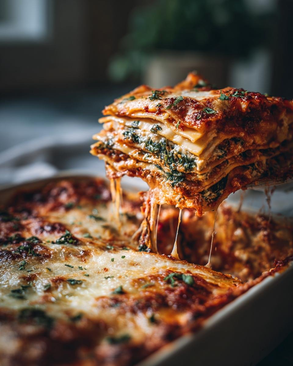 Ein St&uuml;ck Tomaten-Spinat-Ravioli-Auflauf wird aus der Auflaufform gehoben, mit geschmolzenem K&auml;se, der F&auml;den zieht.