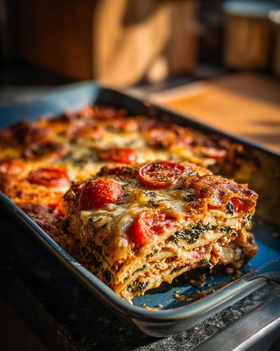 Nahaufnahme eines St&uuml;cks Tomaten-Spinat-Ravioli-Auflauf mit geschmolzenem K&auml;se und Kirschtomaten.