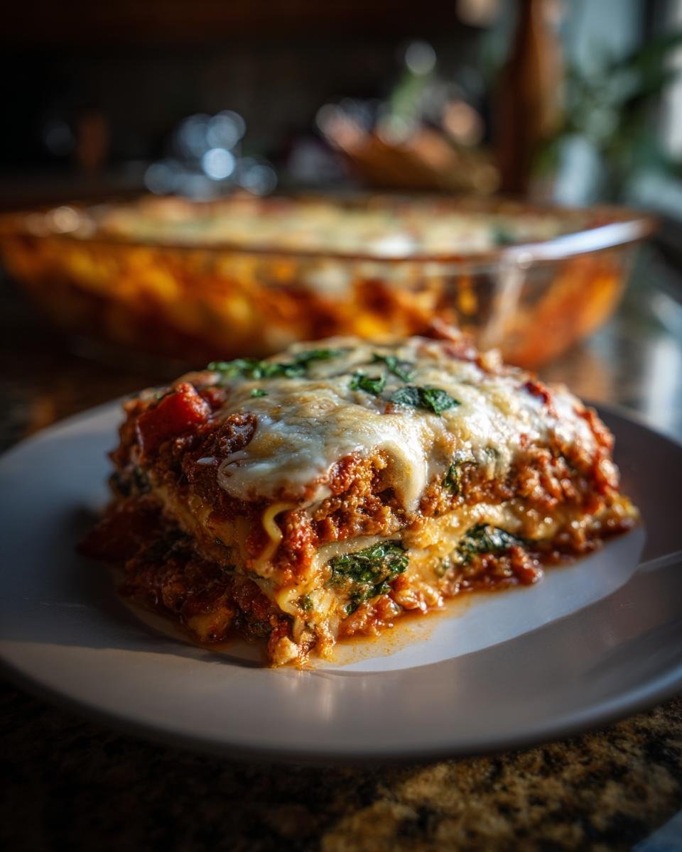 Ein St&uuml;ck Tomaten-Spinat-Ravioli-Auflauf auf einem Teller, geschmolzener K&auml;se und Spinat sichtbar.
