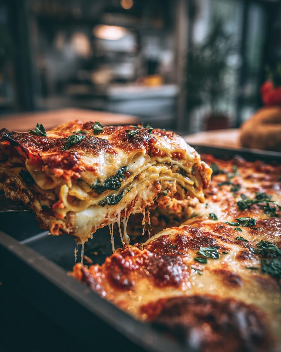 Ein St&uuml;ck Tomaten-Spinat-Ravioli-Auflauf wird aus einer Auflaufform gehoben, mit geschmolzenem K&auml;se und Kr&auml;utern garniert.