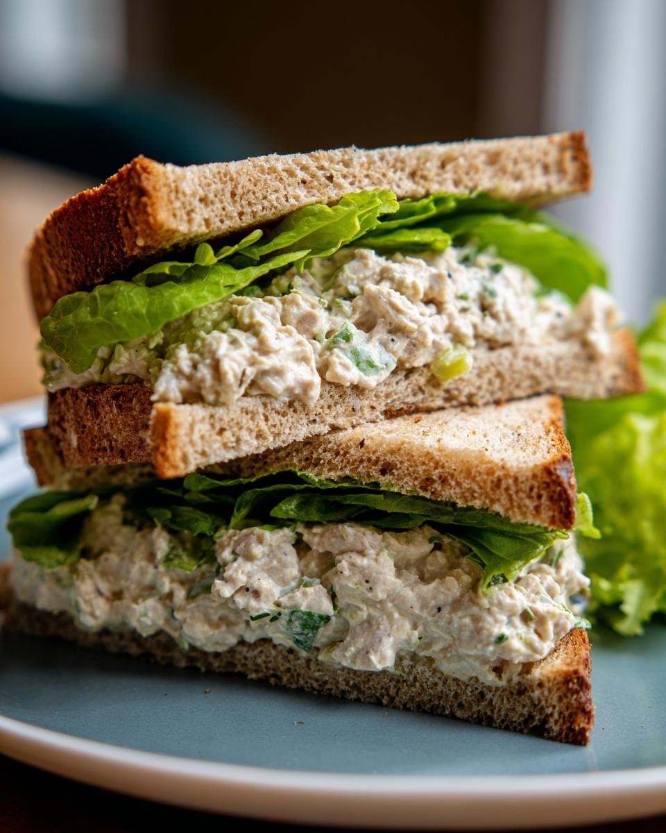 Zwei H&auml;lften eines gestapelten Turkey Salad Sandwiches mit viel cremiger F&uuml;llung und Salat auf Vollkornbrot.