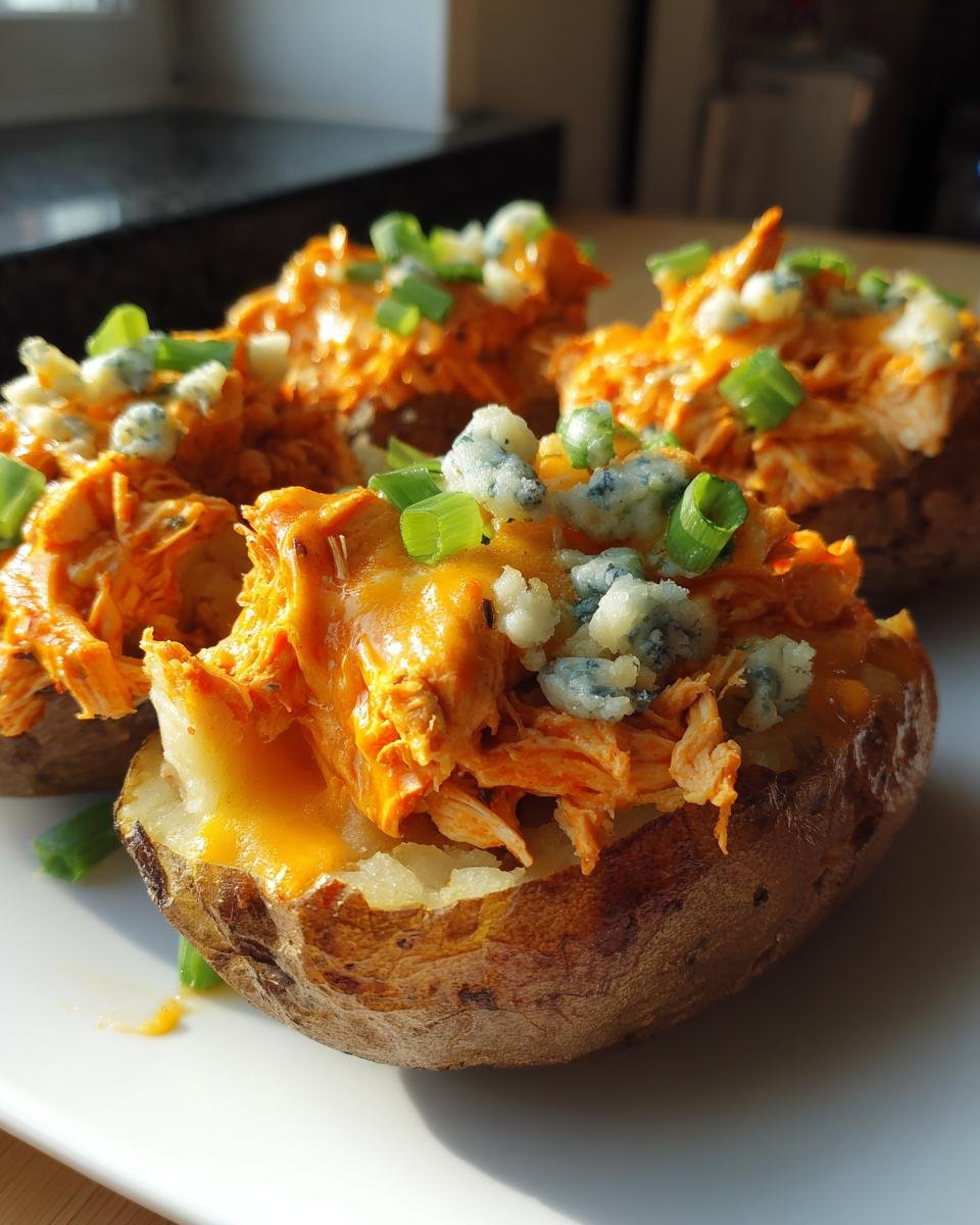 Nahaufnahme von Ultimate Buffalo Chicken Loaded Potatoes mit geschmolzenem K&auml;se, zerbr&ouml;ckeltem Blauschimmelk&auml;se und Fr&uuml;hlingszwiebeln.
