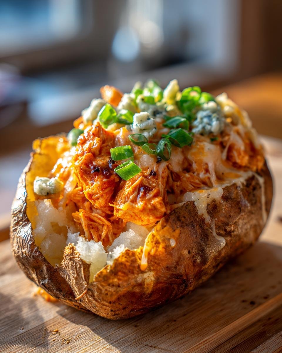 Gebackene Kartoffel gef&uuml;llt mit w&uuml;rzigem Buffalo Chicken, K&auml;se, Blauschimmelk&auml;se und Fr&uuml;hlingszwiebeln.