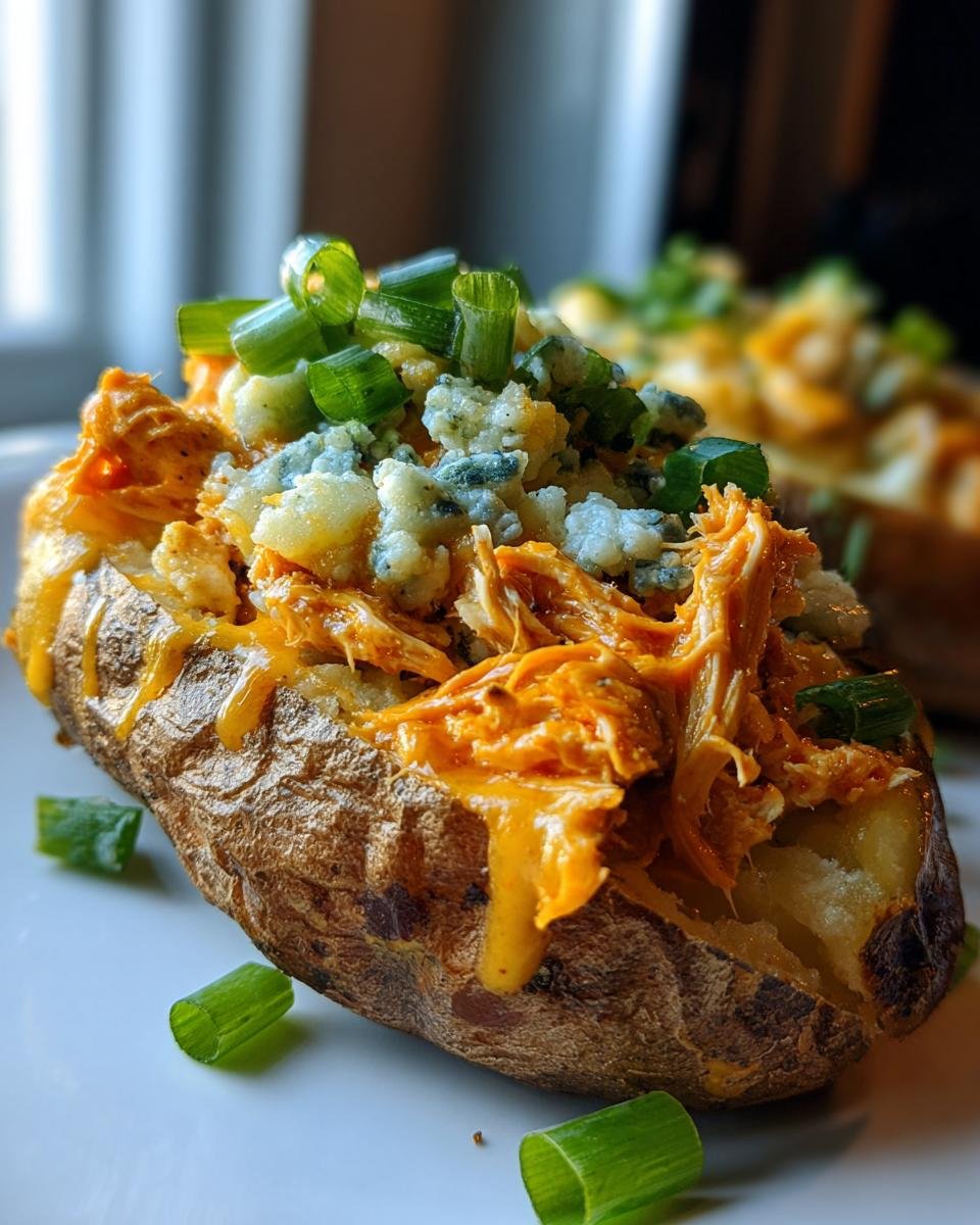 Gef&uuml;llte Kartoffel mit Buffalo Chicken, K&auml;se und Fr&uuml;hlingszwiebeln.