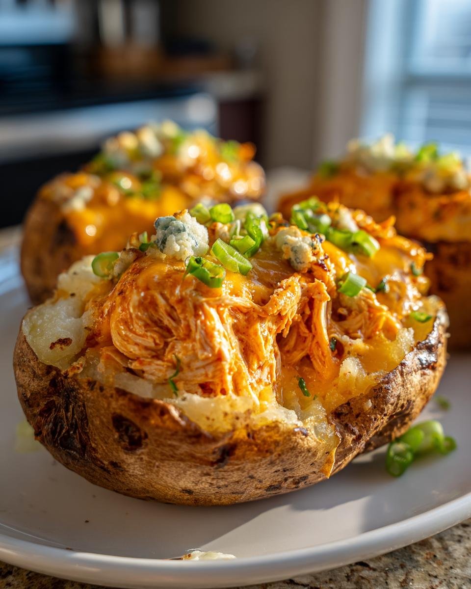 Nahaufnahme von Ultimate Buffalo Chicken Loaded Potatoes, &uuml;berbacken mit K&auml;se und Fr&uuml;hlingszwiebeln.
