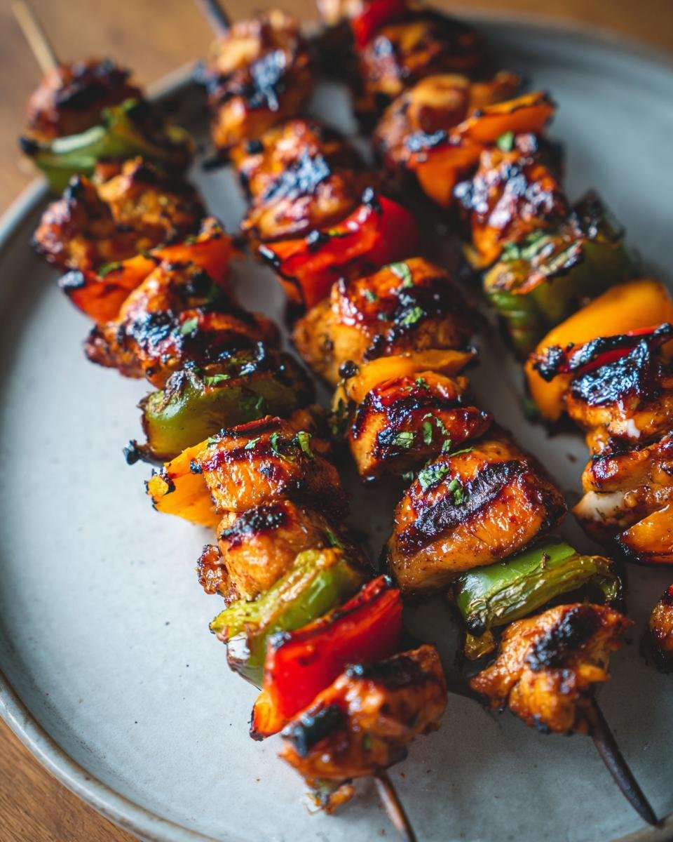 Nahaufnahme von unwiderstehlichen H&auml;hnchenspie&szlig;en mit Paprika und Zwiebeln, perfekt gegrillt.