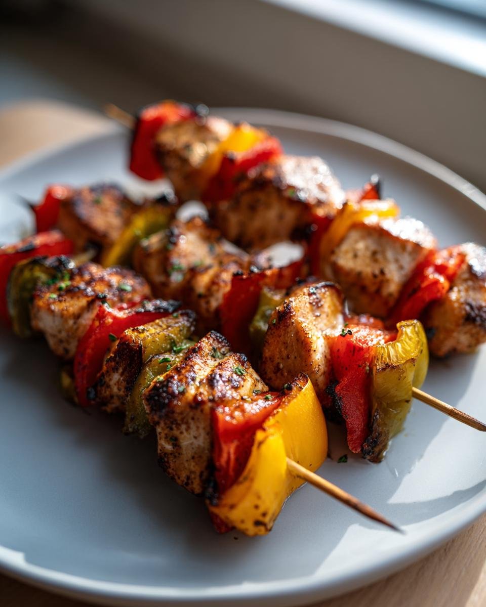 Nahaufnahme von unwiderstehlichen H&auml;hnchenspie&szlig;en mit Paprika auf einem Teller, perfekt gegrillt.