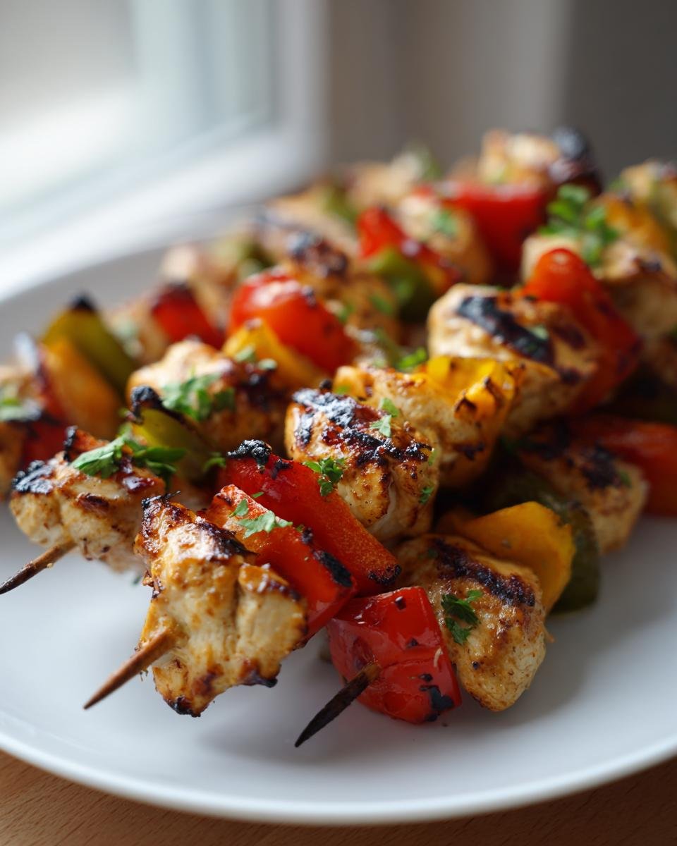 Nahaufnahme von unwiderstehlichen H&auml;hnchenspie&szlig;en mit gegrilltem H&auml;hnchen und Paprika.