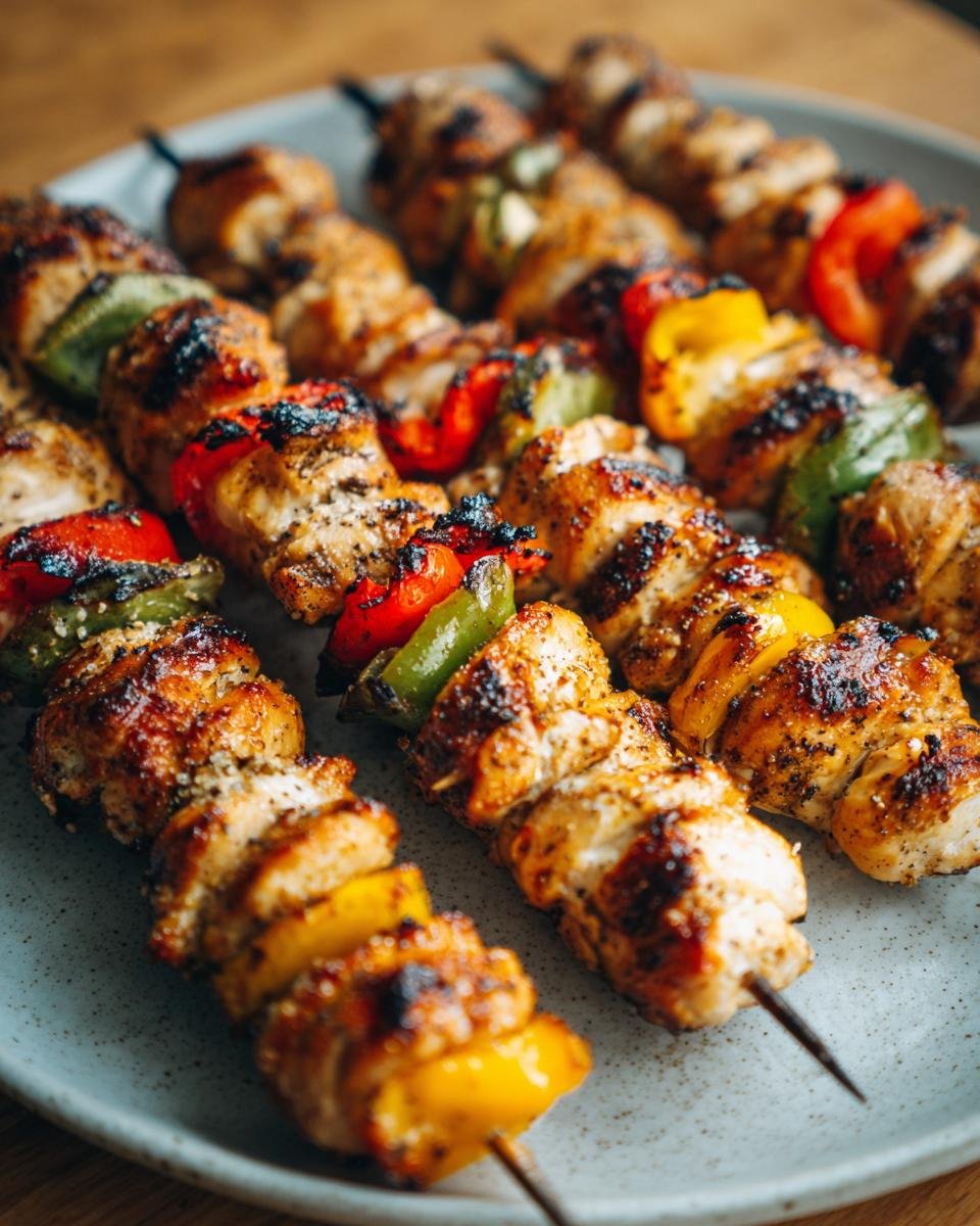 Nahaufnahme von unwiderstehlichen H&auml;hnchenspie&szlig;en mit gegrilltem H&auml;hnchen und bunten Paprikast&uuml;cken.