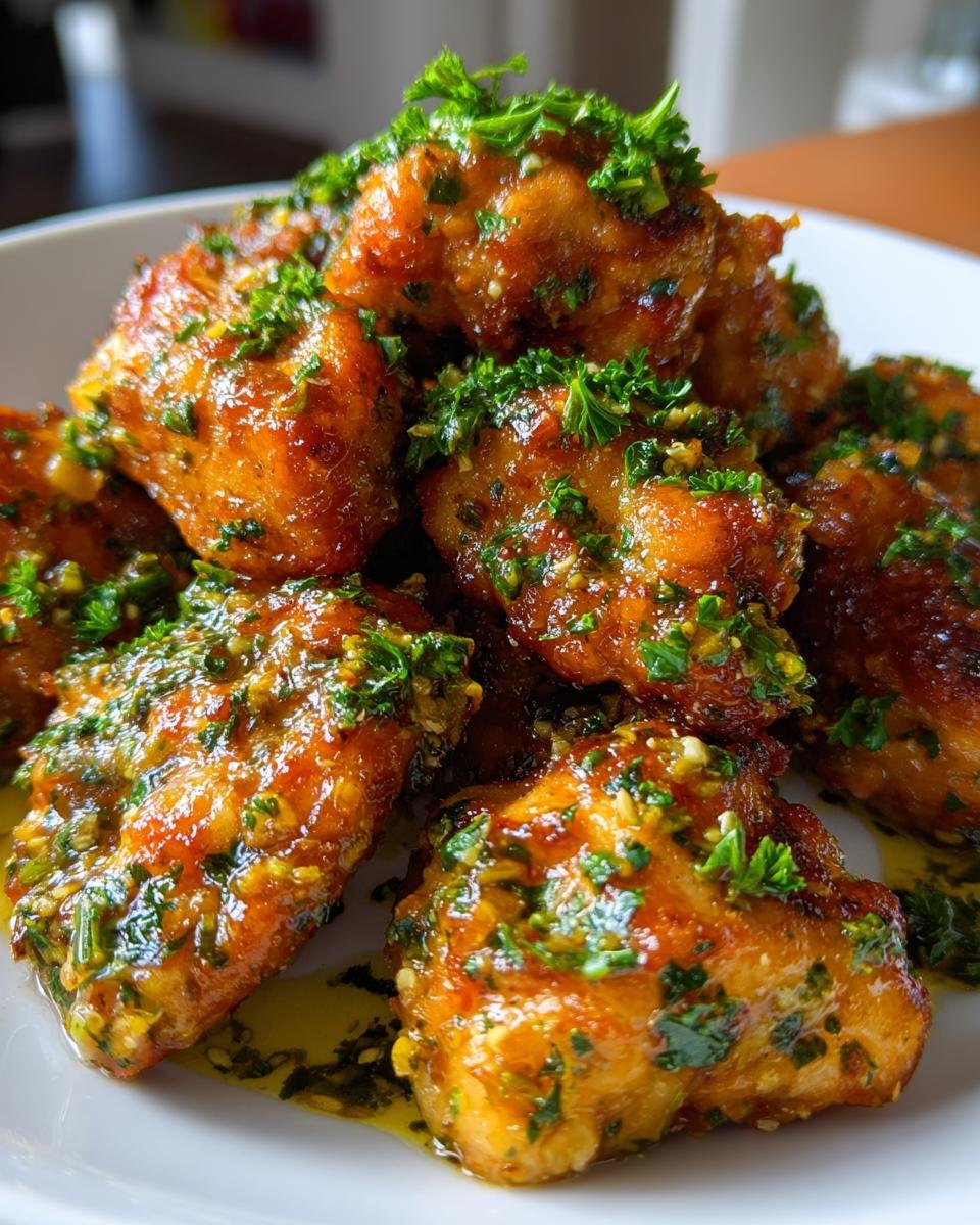 Nahaufnahme von unwiderstehlichen Knoblauchbutter-H&auml;hnchen-Bites, garniert mit frischer Petersilie.