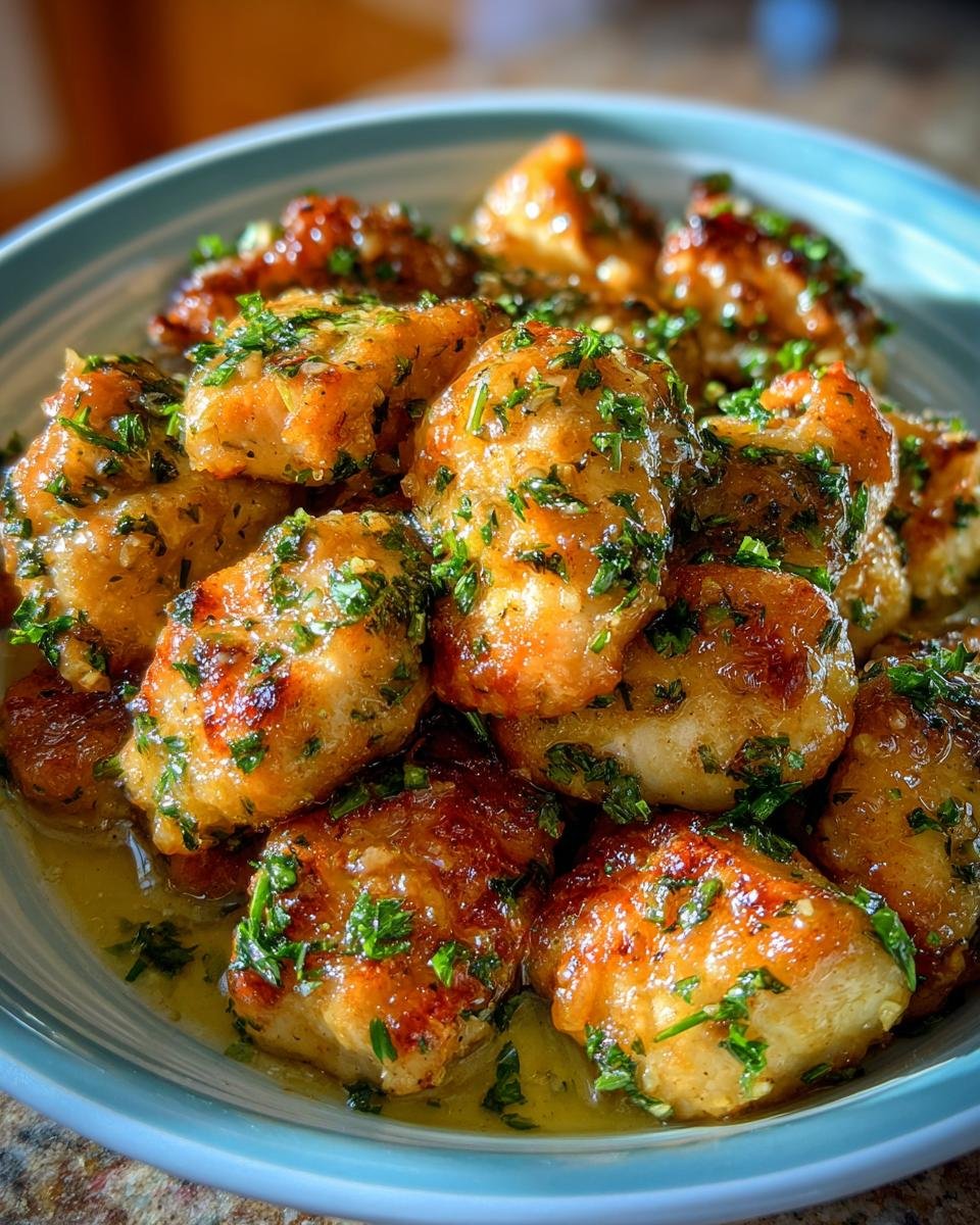 Nahaufnahme von unwiderstehlichen Knoblauchbutter-H&auml;hnchen-Bites, garniert mit frischer Petersilie in einer blauen Sch&uuml;ssel.