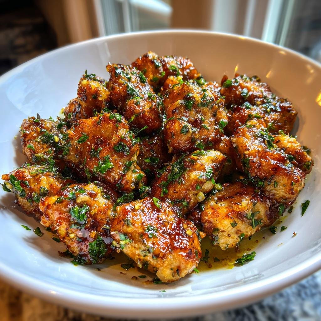 Nahaufnahme von unwiderstehlichen Knoblauchbutter-H&auml;hnchen-Bites, glasiert und mit Kr&auml;utern bestreut.