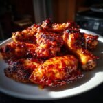 Nahaufnahme von saftigen H&auml;hnchenfl&uuml;geln, glasiert mit einer unwiderstehlichen S&uuml;&szlig;-Chili-Marinade.