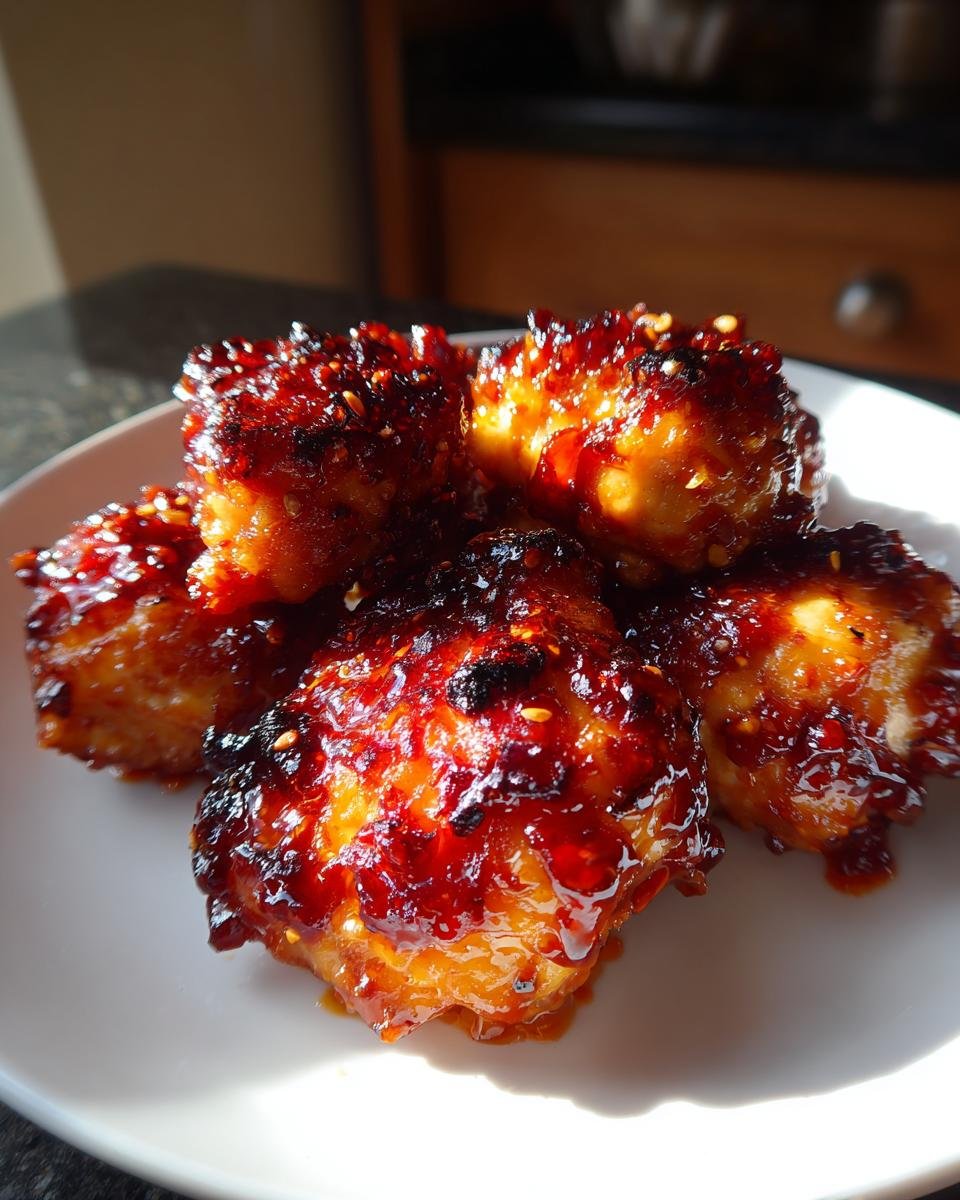 Nahaufnahme von saftigen H&auml;hnchenst&uuml;cken, &uuml;berzogen mit einer gl&auml;nzenden, roten S&uuml;&szlig;-Chili-Marinade und Sesamk&ouml;rnern.