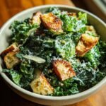 Nahaufnahme eines unwiderstehlichen Gr&uuml;nkohl-Caesar-Salats mit knusprigen Croutons und Parmesan.