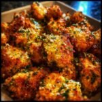 Nahaufnahme von unwiderstehlichem Blackstone Garlic Parmesan Chicken, knusprig gebraten und mit Kr&auml;utern bestreut.