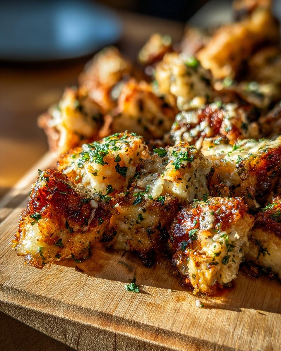 Nahaufnahme von unwiderstehlichem Blackstone Garlic Parmesan Chicken, garniert mit Petersilie.