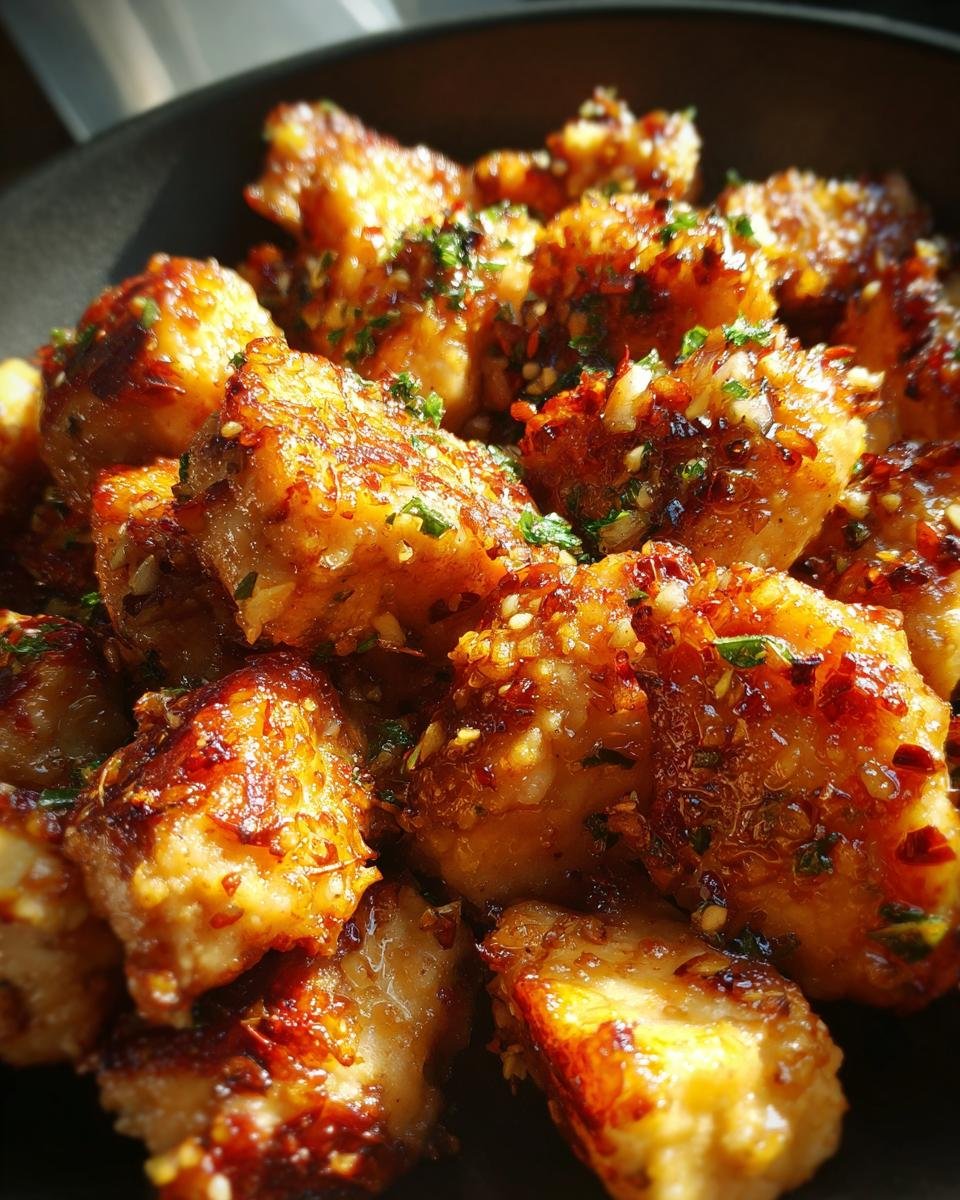 Nahaufnahme von saftigen, goldbraun gebratenen St&uuml;cken von Blackstone Garlic Parmesan Chicken, bestreut mit Kr&auml;utern.