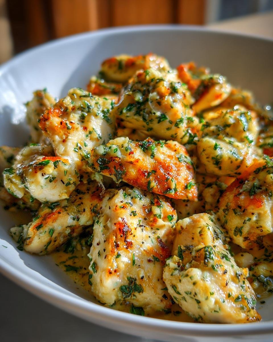 Nahaufnahme von unwiderstehlichem Blackstone Garlic Parmesan Chicken in einer Sch&uuml;ssel, bedeckt mit Knoblauch und Petersilie.
