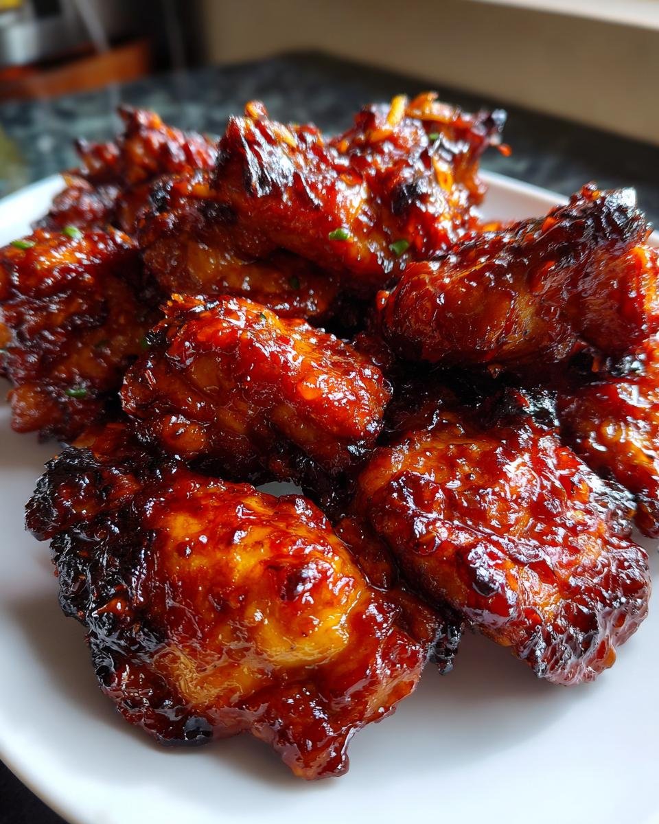 Nahaufnahme von saftigen, glasierten H&auml;hnchenfl&uuml;geln, mariniert in einer unwiderstehlichen Sweet Chili Sauce.