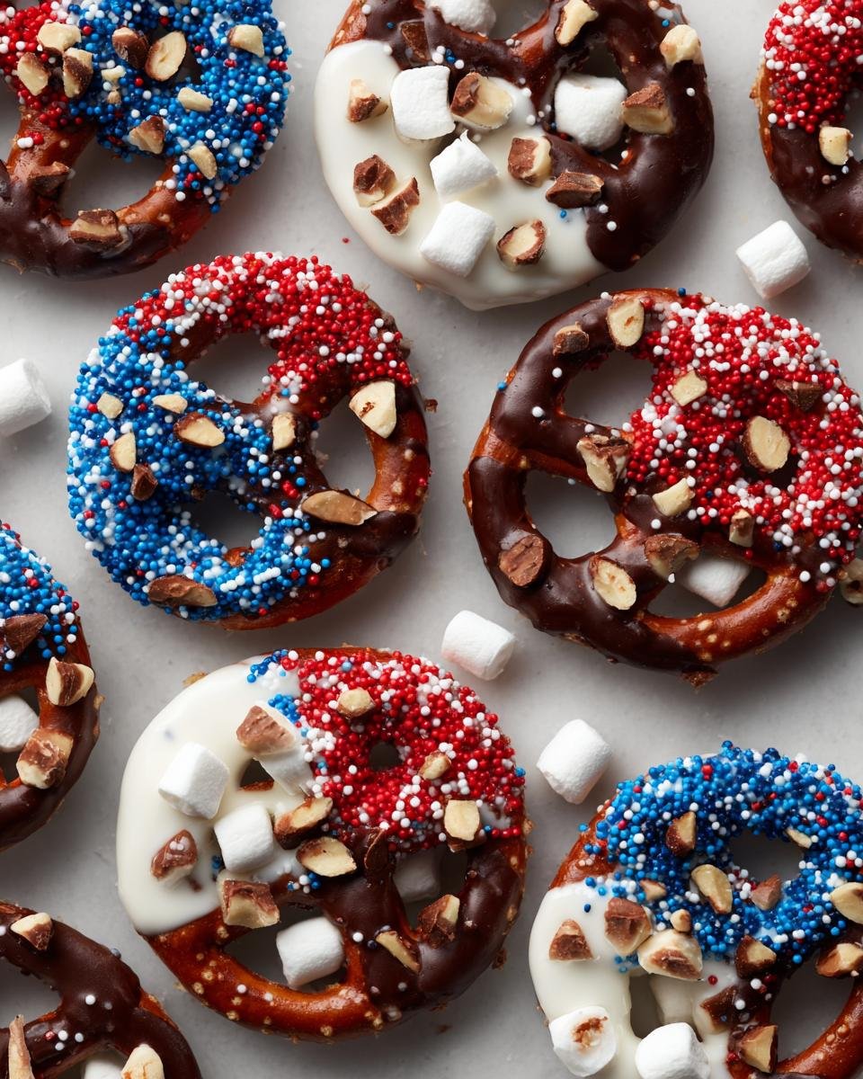 Nahaufnahme von Viertes Juli Schoko-Brezeln, dekoriert mit roten, wei&szlig;en und blauen Streuseln, N&uuml;ssen und Marshmallows.